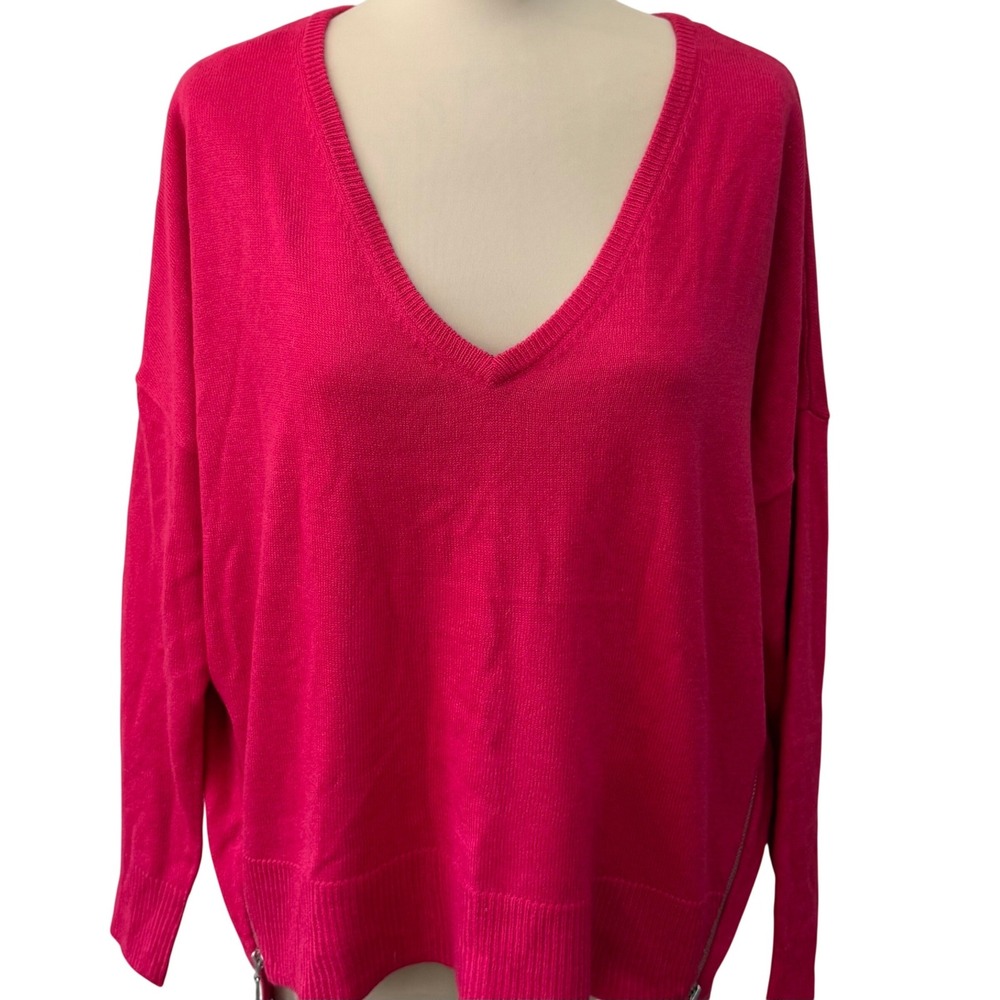 Bisou Bisou V-Neck Sweater Women XL Hot Pink Fuchsia NWT Side Zip  Barbiecore